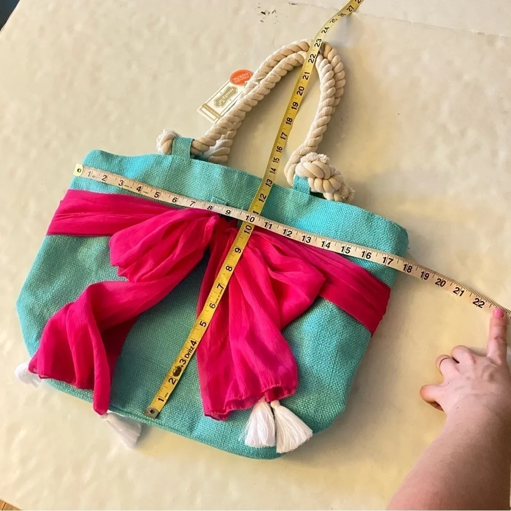 Mud Pie Jute Beach Bag Removable Sarong Turquoise Pink Zip Close 18” x 13” New